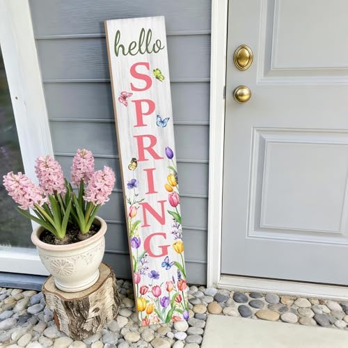 Hello Spring Porch Sign, Flower Butterfly Sign for Front Porch, Pink Tulip Wooden Sign Yard, Vertical Wood Sign Standing for Patio Front Door Porch, Farmhouse Holiday Home Party Entryway Yard Wall Decor Indoor Outdoor, 47x8 inch - Image 5