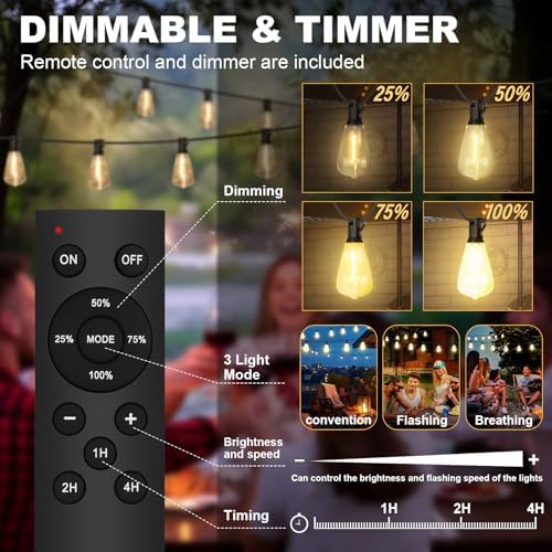 Outdoor String Lights 50FT with 32 Bulbs 1.5FT Spacing, 120W Dimmer, Remote - Image 3