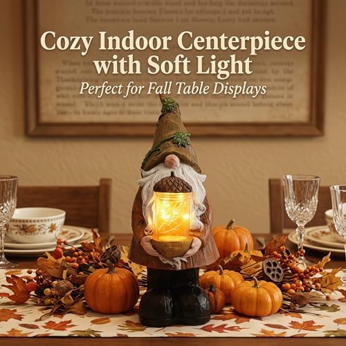 Topadorn Fall Decor Lighted Gnome with LED Acorn Jar, Resin Harvest Decor - Image 2