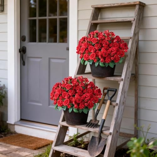 2Pcs Artificial Silk Rose Flower Topiary Tree for Front Porch Decor(Red) - Image 4