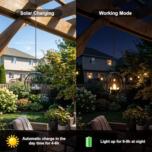 Edenseelake Solar Hanging Lanterns Outdoor Waterproof, Metal Ball Candle Holder with Flickering Solar Powered, Chargeable Solar Lights for Backyard Patio Garden Fence Tree Decoration, 4 Pack - Image 5