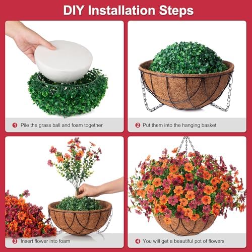 INXUGAO Artificial Silk Flowers Hanging Baskets for Outdoors Indoors, Daisy with Eucalyptus Leaves Arrangement for Garden Yard Decor, Faux Green Plant in Metal Coconut Lining Flowerpot(Orange Brown) - Image 3