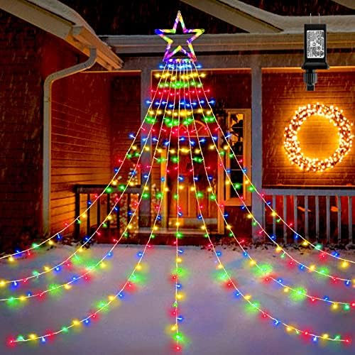 BlcTec Outdoor Christmas Decorations 317 LEDs Christmas Lights with 9 Strands 11.9ft Waterfall Christmas Tree Lights, 8 Modes, Waterproof, Topper Star & Timer for Yard Patio Xmas Décor, Multicolor by BlcTec