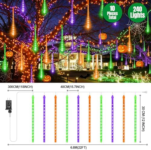 LAMPHOME Orange Purple Green Halloween Lights Outdoor,12-inch LED Meteor Shower Icicle Lights, 10 Tubes 240 LED String Lights. Waterproof Plug, Shower Rain for Xmas Tree Yard House Decor - Image 2