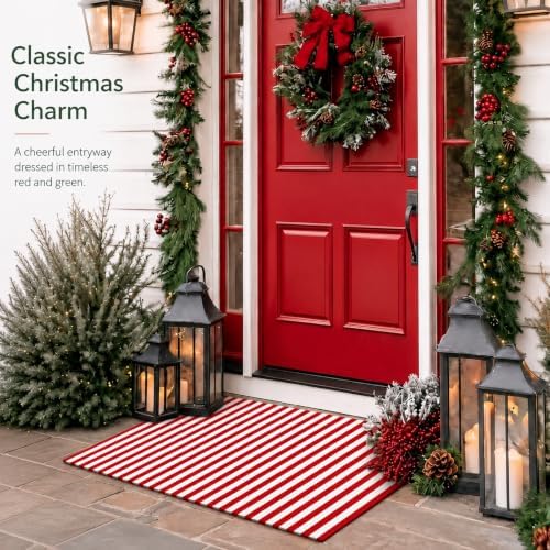 Moucuny 2'4'' X 3'7'' Red and White Christmas Vertical Stripe Outdoor Rug - Image 6