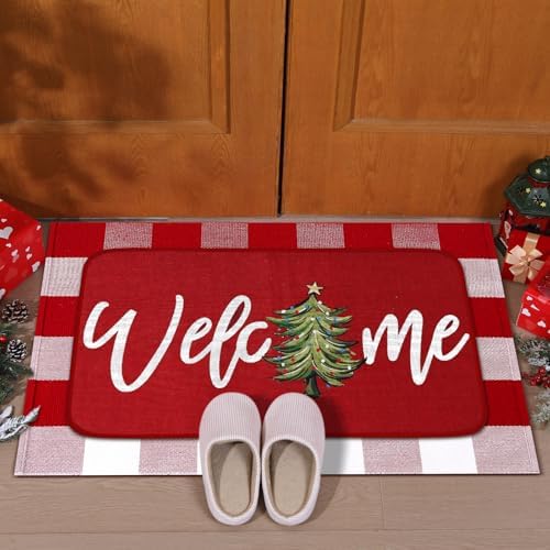 Tinideya 2 Pcs Christmas Doormats Xmas Tree Welcome Outdoor Door Mats Red and White Layered Front Door Rugs Non Slip Floor Mats for Holiday Porch Entryway Xmas Holiday Seasonal Decor - Image 3