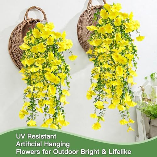 Artificial Flowers for Outdoors Fake Morning Glory Hanging Flower Decoration, 6 Pcs Realistic Faux Plants Petunias Trailing Vines, Spring Summer Decor for Porch Patio Balcony Planter Yard(Yellow) - Image 4