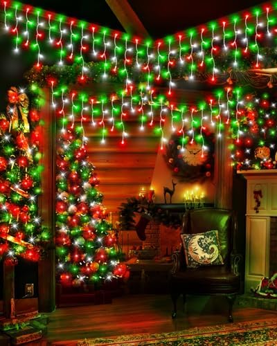 Christmas Lights Outdoor, 53 FT 486 LED Christmas Lights for Outside, Timer & Memory, Plug in 8 Modes Hanging Fairy Light with 108 Drops for House Eaves Yard Patio Decorations, Red Green and White - Image 4