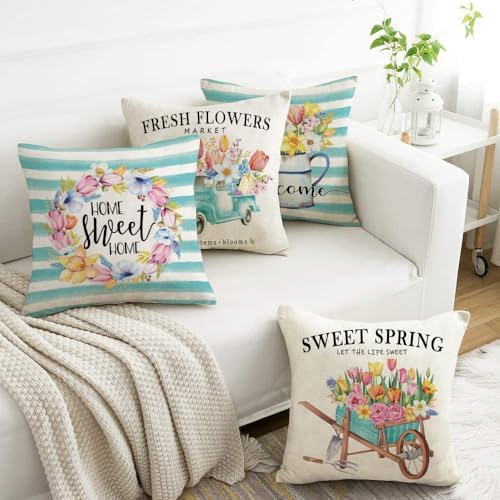 Spring Outdoor Throw Pillow Covers 18x18 Set of 4 Porch Decorative Cushion Cases Floral Farmhouse Flowers Decoration Home Decor for Sofa Couch Bed,Tulips Aqua Teal - Image 5