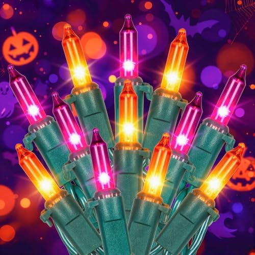 Hopolon Purple and Orange Halloween Lights,2PACK Total 100Count,Green Wire by Hopolon