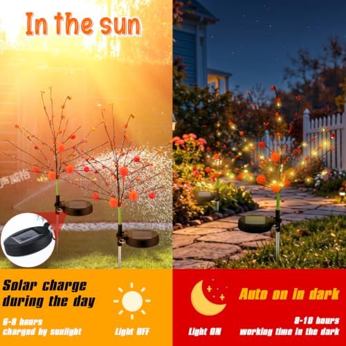 Copkim 2 Pcs Fall Pumpkin Solar Lights Waterproof Stake Lights Decorative Garden Firefly Outdoor Light for Lawn Trails Landscaped Yards Pathway Porches and Patio Decorations - Image 4