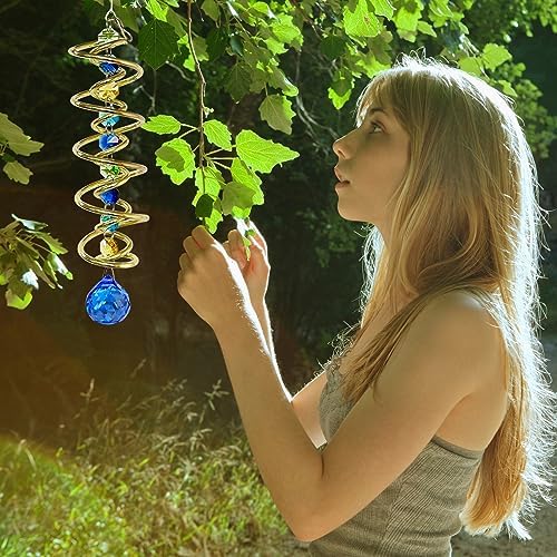 FONMY Gazing Ball Spiral Tail Decorative Wind Spinner Sun Catcher Rainbow Maker Golden Double-Spiral W/Sea Blue Crystal Ball and Chain Crystals for Indoor Outdoor Garden Decoration -14 inch H - Image 3