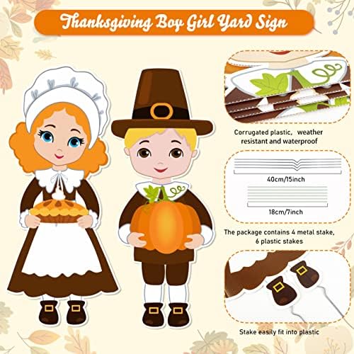 Large Thanksgiving Pilgrim Yard Sign Thanksgiving Harvest Theme Pilgrim Boy Girl Lawn Signs with Stakes for Fall Indoor Outdoor Decorations Autumn Office Farmhouse Garden Walkway Supplies Photo Props - Image 3