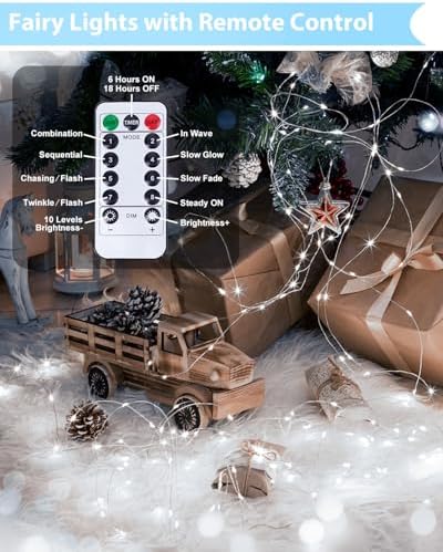 2 Pack 100 LED Fairy Lights Battery Operated with Remote, 33 FT Cool White - Image 4