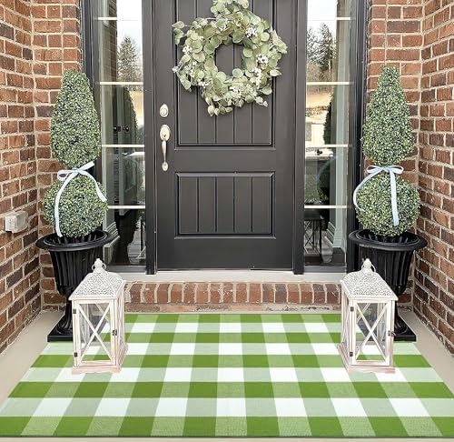 Washable 3'x5'Outdoor Rug Green White Checkered Farmhouse Front Door Mat - Image 7