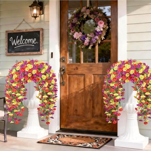 Artificial Hanging Flowers for Outdoors, 4 PCS 600 Blooms UV Resistant Morning Glory Faux Silk Vines, No-Odor Realistic Fake Plants for Garden Planter Porch Patio Decoration, Purple & Yellow & Red - Image 5
