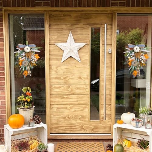 2PCS Fall Teardrop Swags 20inch Thanksgiving Wreath, Eucalyptus Berries Pumpkins Lamb Ears Leaves Autumn Wreaths for Front Door, Fall Decor, Porch Wall, Home Outdoor Holiday Decorations (C) - Image 6
