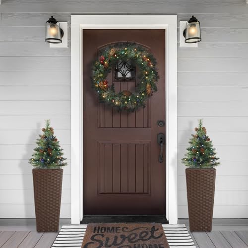 Casafield Set of 2-24" Outdoor Pathway Christmas Trees, Realistic Walkway Pre-Lit Holiday Decor with Pinecones and Multicolor LED Lights - Image 6