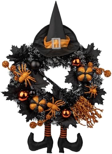Halloween Wreath for Front Door 20" Tinsel Black Witch Wreath with Hat Legs and Orange Pumpkin for Fall Autumn Indoor Window Door Thanksgiving Halloween Decorations by Arborus