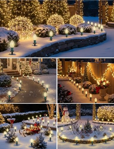 38FT LED Outdoor Christmas Pathway Lights,25 Warm White Extendable Waterproof Christmas Walkway Lights with C9 LED Bulbs and Stakes for Walkway Backyard Snowfield Xmas Decorations - Image 6