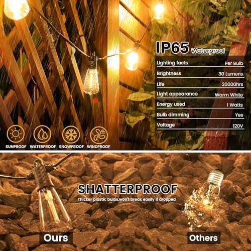 Zuske Outdoor String Lights, 200FT Patio Lights with 100 Shatterproof ST38 Globe Bulbs(4 Spare), Waterproof Connectable Dimmable LED Hanging String Lights for Outside Backyard Porch Balcony(100FT x 2) - Image 3