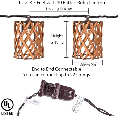 Decorative String Lights Plug in with 10 Incandescent Bulbs, Handwoven Rattan Cylinder-shaped Boho Lantern String Lights Connectable Weatherproof Outdoor Indoor for Bedroom Patio Pergola Decor (Brown) - Image 5