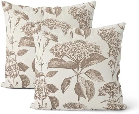 Vintage Brown Pillow Covers 24x24 Inch 2 Pcs Boho Beige Floral Decor Throw Pillows Hydrangea Flower Seasonal Outdoor Farmhouse Neutral Accent Decoration Pillowcase Linen Cushion Cover for Couch by DAFENA