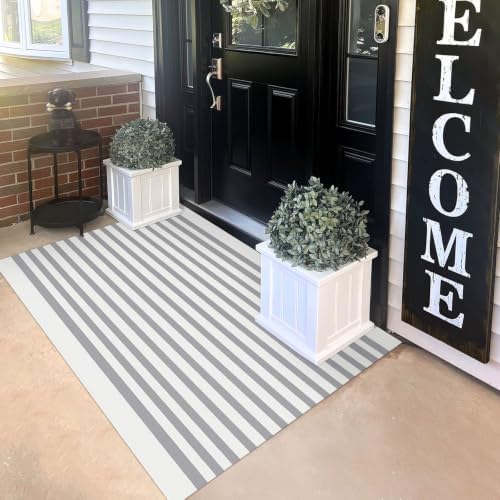 KILOCOCO Striped Rug 3x5 ft Washable Woven Front Door Rug, Grey and White by Kilococo