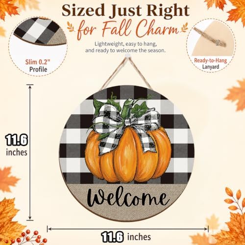 Fall Door Decor Wooden Pumpkin Welcome Sign, Buffalo Plaid Door Hanger - Image 2