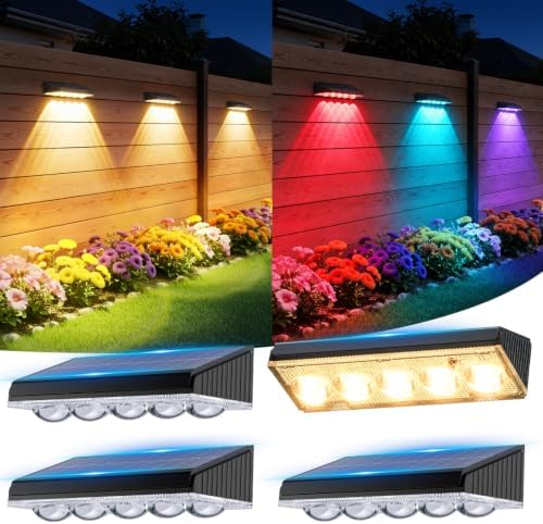 KOOPER Solar Fence Lights Outdoor Waterproof, 4 Pack Warm White & 9 Fixed Colors & Color Changing Fence Lights Solar Powered, Solar Lights Outdoor Fence for Outside Backyard Railing Patio Wall Deck by KOOPER