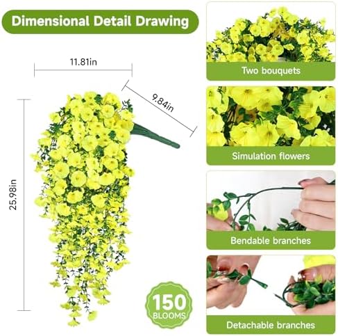 Artificial Hanging Flowers for Outdoors, 4 PCS 600 Blooms UV Resistant Morning Glory Faux Silk Vines, No-Odor Realistic Fake Plants for Garden Planter Porch Patio Decoration, Yellow - Image 3
