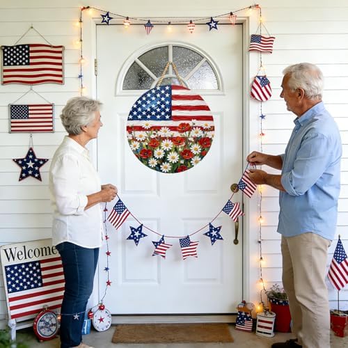 4th of July Patriotic American Flag Wooden Door Sign Round Hanging Wall Decor with Daisy Flowers Designs 2D Wood Independence Day Door Hanger Decoration for Home, Porch, Farmhouse - Image 3
