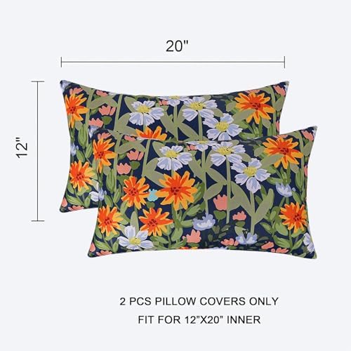 Pyonic Floral Outdoor Lumbar Pillows Covers 12x20 inch Waterproof Spring Summer Decor Outdoor Pillows for Patio Furnture Garden Bench Porch,Navy Blue - Image 3
