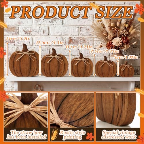 Gerrii 5 Pcs Fall Pumpkin Decor, Rustic Wooden Table Centerpieces, Classic - Image 2
