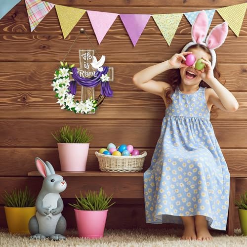 Harooni Easter Door Sign for Front Door He Is Risen Easter Cross Wood Wreaths Hanger Religious Cross Lily Flowers Outdoor Porch Decor Spring Flowers Wooden Wreath Wall Hanging Decoration 10.9"x10.9" - Image 6