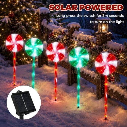 BRIGHTDECK Lollipop Solar Christmas Pathway Lights Outdoor, LED Christmas Decor with 8 Lighting Modes, Light Up Solar Stake Lights for Holiday, Xmas (Red＆Green, 10Pack) - Image 4