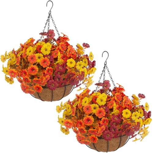 Hananona 2 Set Artificial Outdoor Fall Flowers with Hanging Basket, 2 Packs Hanging Planters with 24 Pcs Faux Fall Mums for Autumn Front Porch Garden Patio Home Decor (2, Orange,Yellow,Burgundy) by HANANONA