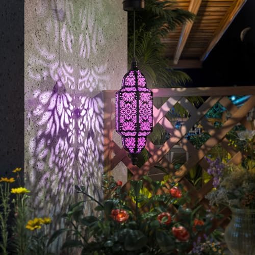 Twinkya Hanging Solar Lights Outdoor Garden Decorative Solar Lantern Waterproof Metal Moroccan Outdoor Decorations for Patio Pathway Yard Porch Backyard Garden Decor (Purple, 1 Pack) - Image 4