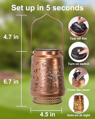 2 Pack Mushroom Solar Lanterns Outdoor Waterproof, Garden Decor Birthday Gifts for Women Mom Grandma Sister, Metal Hanging Solar Lights Outside Decorative for Backyard Patio Lawn Pathway Landscape - Image 5