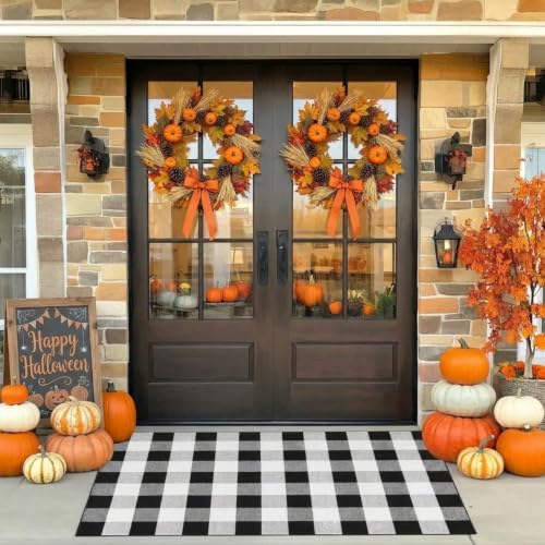 MUBIN Fall Decor Cotton Buffalo Plaid Rug, 3' x 5' Black and White Outdoor Rug Front Door Decorative Mat, Washable Doormat Foldable Area Rug Layered Door Mats Rug for Front Porch, Entryway, Patio - Image 3