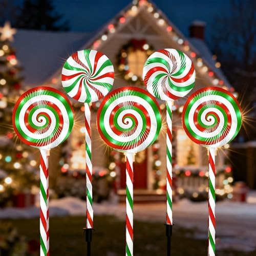 Christmas Lollipop Pathway Lights-5 Pack Solar Powered Outdoor Garden Path Lights Xmas Candy Cane Landscape Lighting Solar Waterproof Decorative Lights Decorations Outside Yard - Image 7