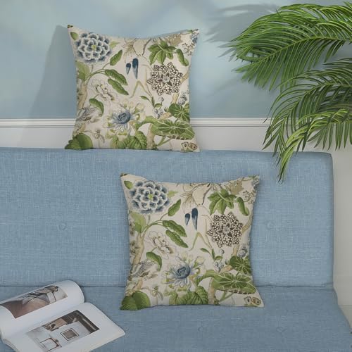 Sage Green Boho Pillow Covers 16x16 Inch 2 Pcs Blue Green Vintage Floral Bird Decor Throw Pillows Chinoiserie Flower Seasonal Outdoor Farmhouse Pillowcase Linen Cushion Cover for Couch Sofa - Image 3