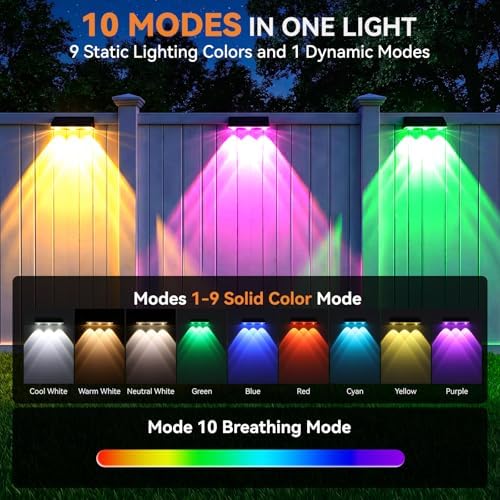 Solar Fence Lights Outdoor 4 Pack, Upgraded Brightness 3X LED Lens Fence Lights Solar Powered, 9 Fixed Colors & RGB Lights, IP65 Waterproof Solar Lights for Outside Backyard/Railing/Step/Patio - Image 3