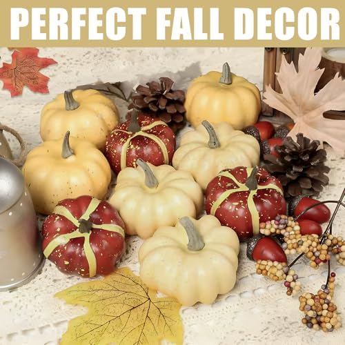 23Pcs Fake Pumpkins Fall Thanksgiving Decorations,Plastic Pumpkins with Acorns,Maple Leaves,Pine cones,Berries, Artificial Mini Pumpkin Decorating Harvest Home Decor Centerpiece Table Decorations - Image 3