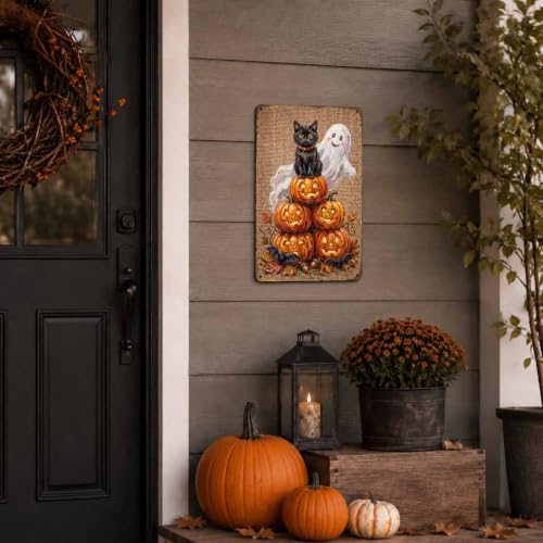 Vintage Halloween Metal Art Sign Black Cat & Pumpkin Wall Decor - Image 5