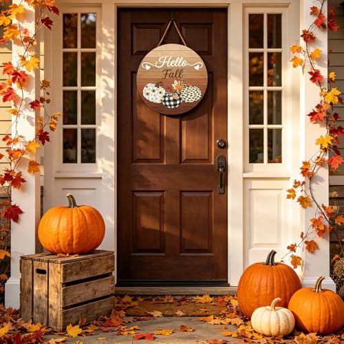 Harooni Hello Fall Pumpkin Sign Door Sign 12"x12" Autumn Thanksgiving Welcome Door Decorations Hanging Sign Farmhouse Plaid Pumpkin Round Wooden Sign for Home Front Door Wall Porch Yard Garden - Image 7
