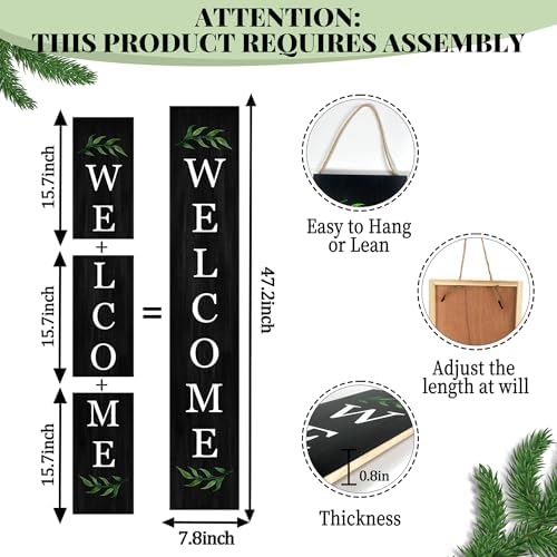 Welcome Wooden Porch Sign 47" Front Door Rustic Standing Large Welcome Porch Sign for Home Front Door Yard Season Party Decor (Black) - Image 2