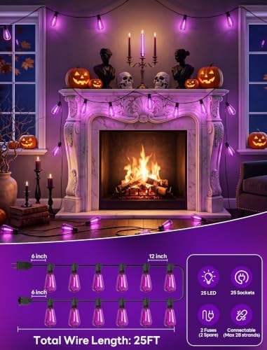 25FT Halloween Purple ST38 LED Outdoor String Lights with 25 Orange Edison Bulbs, Connectable Waterproof Hanging Patio Lights for Halloween, Thanksgiving, Backyard, Porch, Party Decor - Image 2