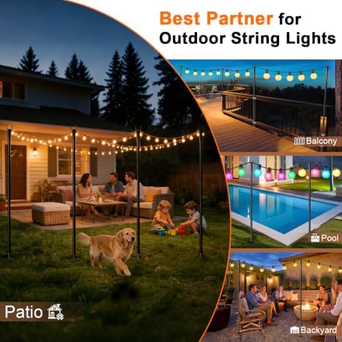 8 Pack String Light Poles for Outside, Upgraded Heavy-Duty Metal Poles for Outdoor String Lights with Fork, Adjustable Lighting Hanging Accessories for Patio Decor Pergola Backyard Garden Decorations - Image 3
