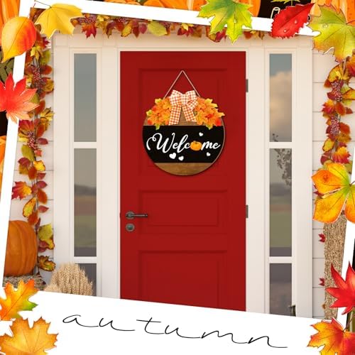Moucuny Fall Welcome Door Sign, Wooden Thanksgiving Wreath with Bow - Image 3